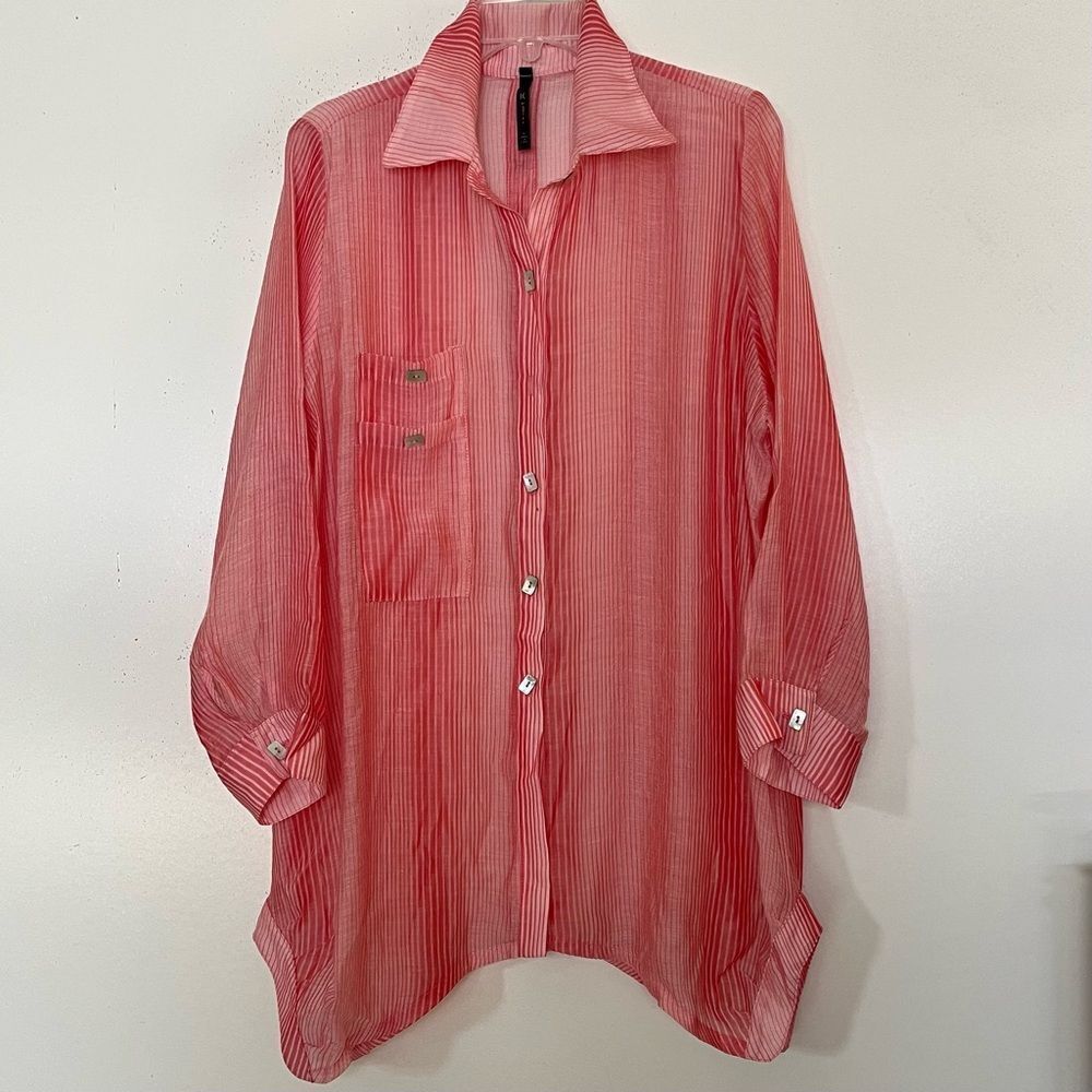 IC By Connie K Lagenlook Tunic Top Large Artsy Striped Button Front Sheer Pink